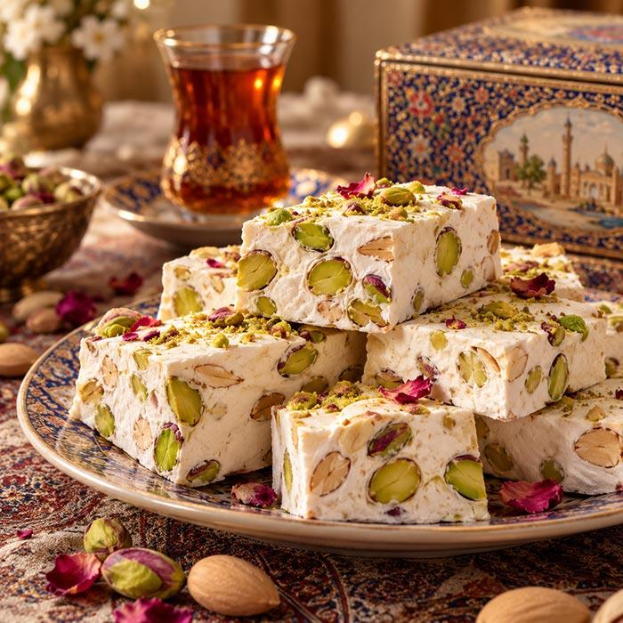 عکس گز پسته‌ای با پس‌زمینه سنتی