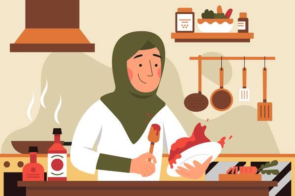 وکتور کاراکتر خانم با حجاب در آشپزخانه